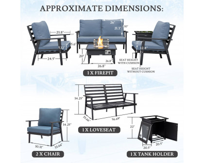 LeisureMod Walbrooke Modern Black Patio Conversation With Square Fire Pit & Tank Holder - Navy Blue