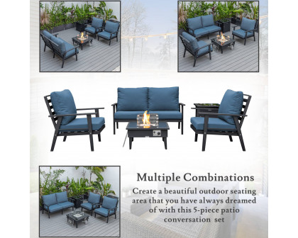 LeisureMod Walbrooke Modern Black Patio Conversation With Square Fire Pit & Tank Holder - Navy Blue