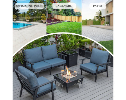 LeisureMod Walbrooke Modern Black Patio Conversation With Square Fire Pit & Tank Holder - Navy Blue