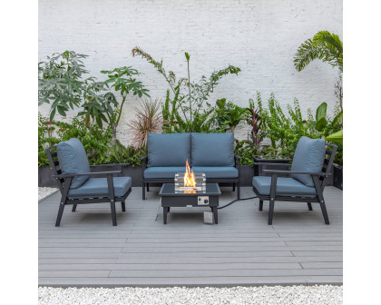 LeisureMod Walbrooke Modern Black Patio Conversation With Square Fire Pit & Tank Holder - Navy Blue