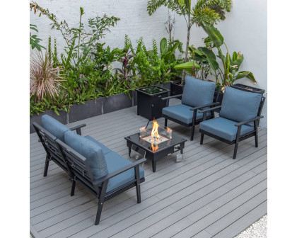 LeisureMod Walbrooke Modern Black Patio Conversation With Square Fire Pit & Tank Holder - Navy Blue