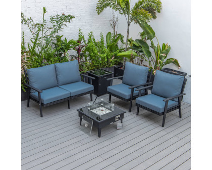 LeisureMod Walbrooke Modern Black Patio Conversation With Square Fire Pit & Tank Holder - Navy Blue