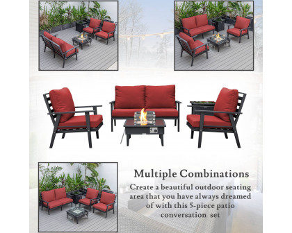 LeisureMod Walbrooke Modern Black Patio Conversation With Square Fire Pit & Tank Holder - Red