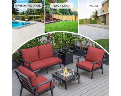 LeisureMod Walbrooke Modern Black Patio Conversation With Square Fire Pit & Tank Holder - Red