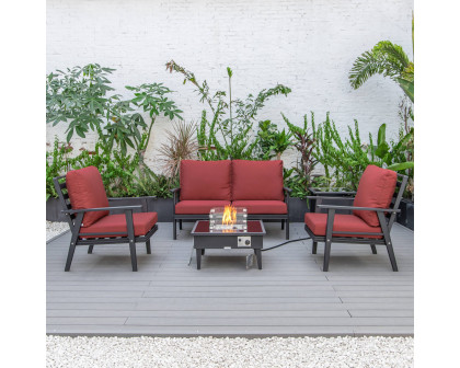 LeisureMod Walbrooke Modern Black Patio Conversation With Square Fire Pit & Tank Holder - Red