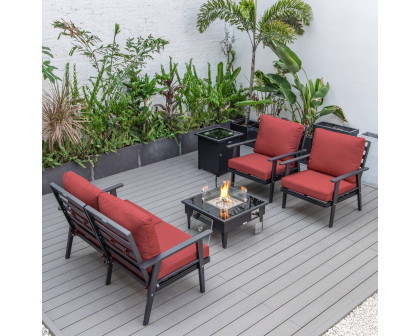 LeisureMod Walbrooke Modern Black Patio Conversation With Square Fire Pit & Tank Holder - Red