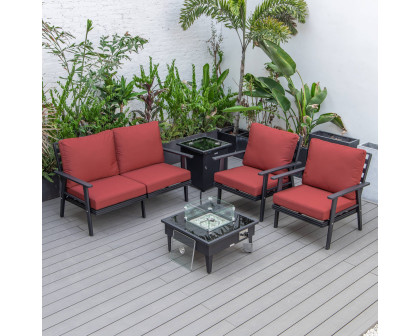 LeisureMod Walbrooke Modern Black Patio Conversation With Square Fire Pit & Tank Holder - Red