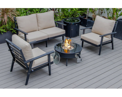 LeisureMod Walbrooke Modern Black Patio Conversation With Round Fire Pit & Tank Holder