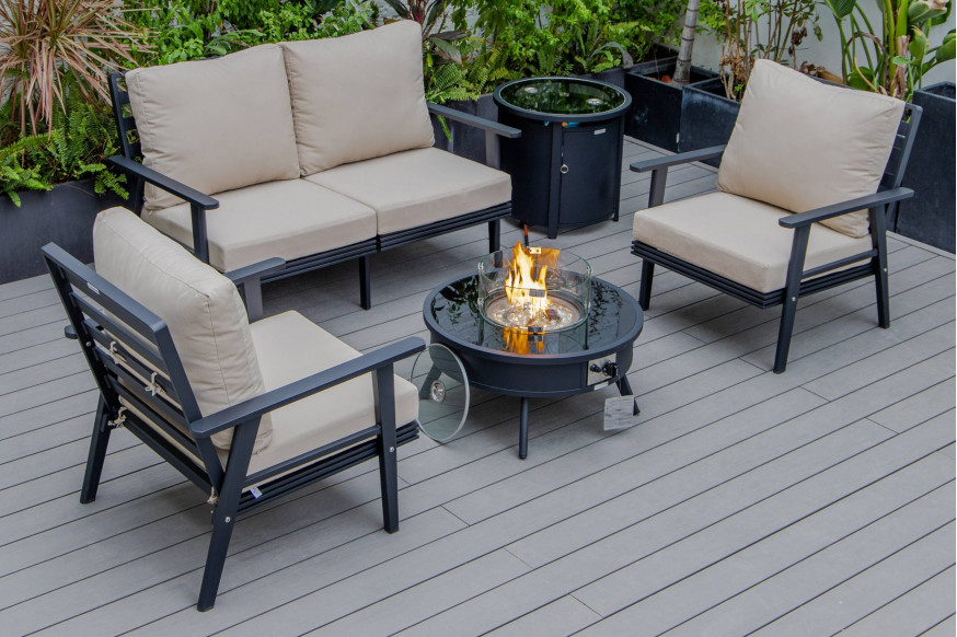 LeisureMod™ Walbrooke Modern Black Patio Conversation With Round Fire Pit & Tank Holder - Beige