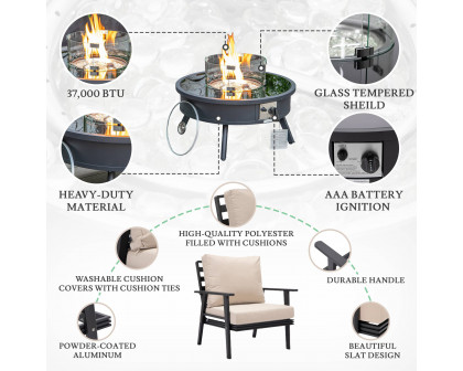 LeisureMod™ Walbrooke Modern Black Patio Conversation With Round Fire Pit & Tank Holder - Beige