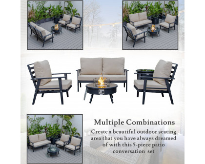 LeisureMod™ Walbrooke Modern Black Patio Conversation With Round Fire Pit & Tank Holder - Beige