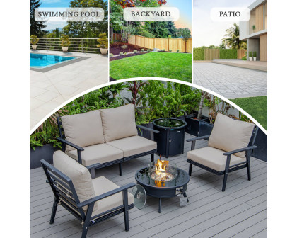 LeisureMod™ Walbrooke Modern Black Patio Conversation With Round Fire Pit & Tank Holder - Beige