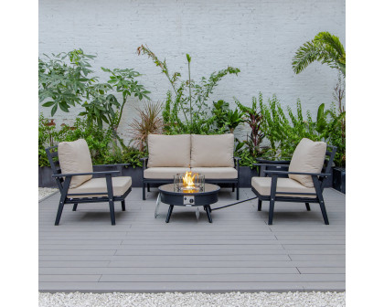 LeisureMod™ Walbrooke Modern Black Patio Conversation With Round Fire Pit & Tank Holder - Beige