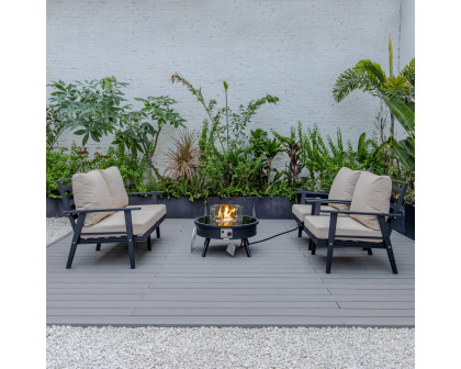 LeisureMod™ Walbrooke Modern Black Patio Conversation With Round Fire Pit & Tank Holder - Beige