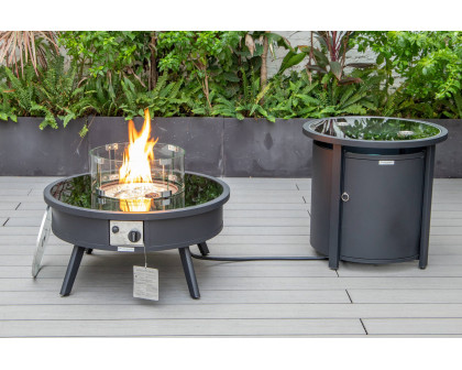 LeisureMod™ Walbrooke Modern Black Patio Conversation With Round Fire Pit & Tank Holder - Beige