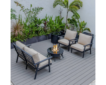 LeisureMod™ Walbrooke Modern Black Patio Conversation With Round Fire Pit & Tank Holder - Beige