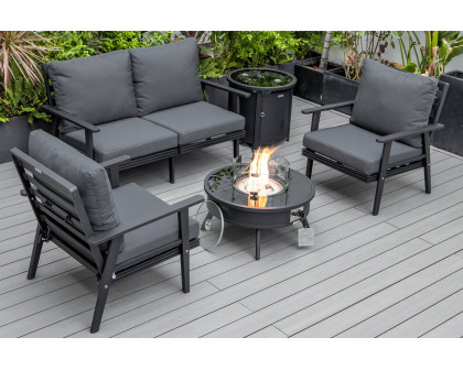 LeisureMod Walbrooke Modern Black Patio Conversation With Round Fire Pit & Tank Holder