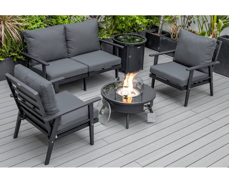 LeisureMod Walbrooke Modern Black Patio Conversation With Round Fire Pit & Tank Holder - Charcoal