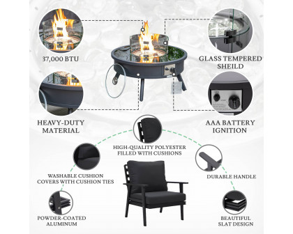 LeisureMod Walbrooke Modern Black Patio Conversation With Round Fire Pit & Tank Holder - Charcoal