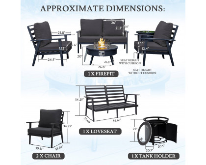 LeisureMod Walbrooke Modern Black Patio Conversation With Round Fire Pit & Tank Holder - Charcoal