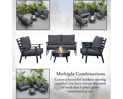 LeisureMod Walbrooke Modern Black Patio Conversation With Round Fire Pit & Tank Holder - Charcoal