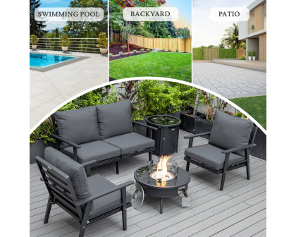 LeisureMod Walbrooke Modern Black Patio Conversation With Round Fire Pit & Tank Holder - Charcoal