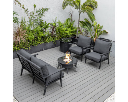 LeisureMod Walbrooke Modern Black Patio Conversation With Round Fire Pit & Tank Holder - Charcoal