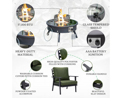 LeisureMod Walbrooke Modern Black Patio Conversation With Round Fire Pit & Tank Holder - Green