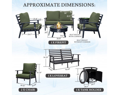 LeisureMod Walbrooke Modern Black Patio Conversation With Round Fire Pit & Tank Holder - Green