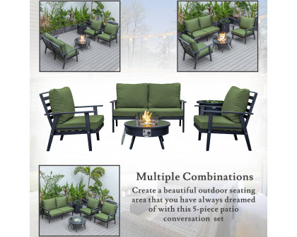 LeisureMod Walbrooke Modern Black Patio Conversation With Round Fire Pit & Tank Holder - Green