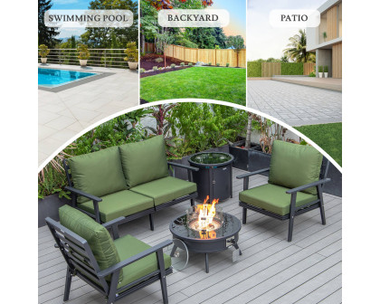 LeisureMod Walbrooke Modern Black Patio Conversation With Round Fire Pit & Tank Holder - Green