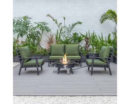 LeisureMod Walbrooke Modern Black Patio Conversation With Round Fire Pit & Tank Holder - Green