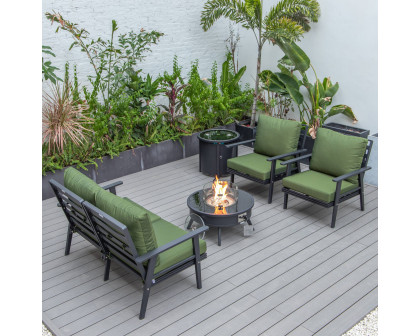 LeisureMod Walbrooke Modern Black Patio Conversation With Round Fire Pit & Tank Holder - Green