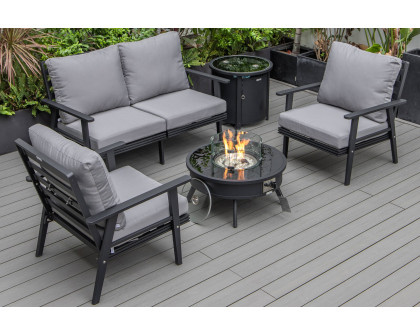 LeisureMod Walbrooke Modern Black Patio Conversation With Round Fire Pit & Tank Holder