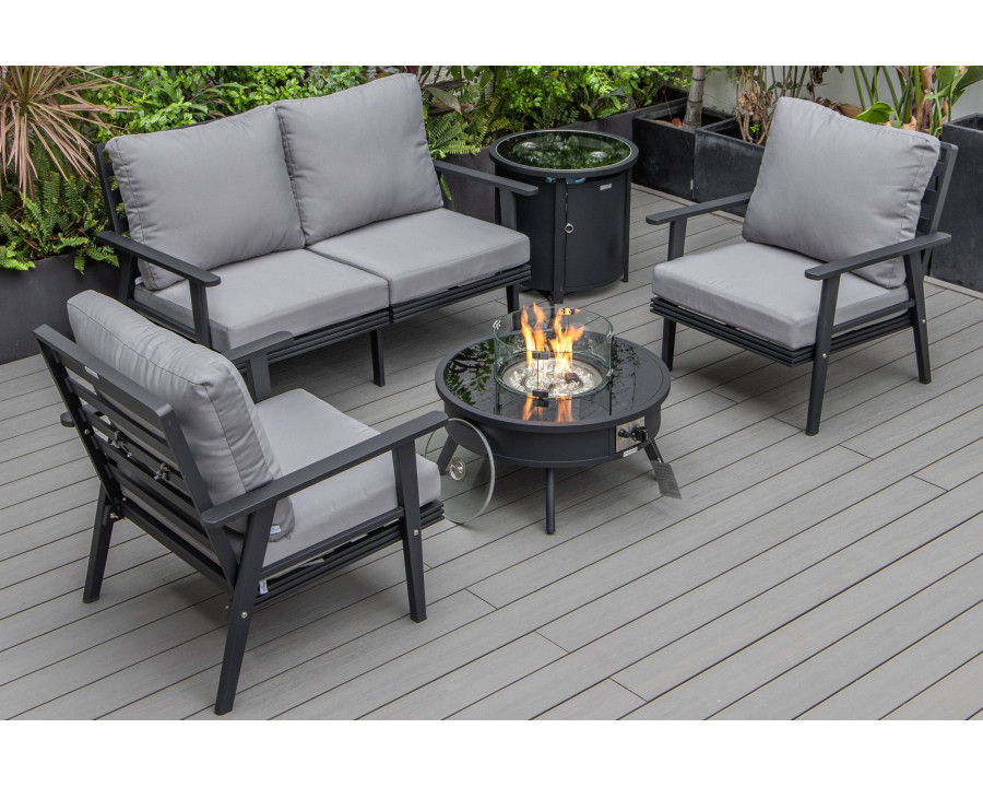 LeisureMod Walbrooke Modern Black Patio Conversation With Round Fire Pit & Tank Holder - Gray