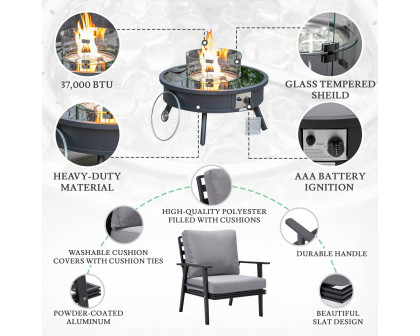 LeisureMod Walbrooke Modern Black Patio Conversation With Round Fire Pit & Tank Holder - Gray