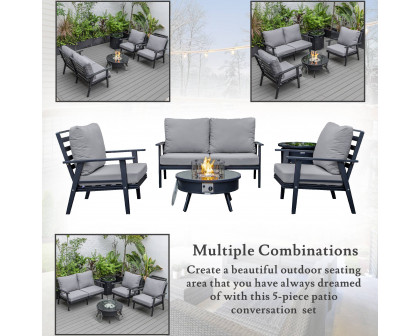 LeisureMod Walbrooke Modern Black Patio Conversation With Round Fire Pit & Tank Holder - Gray