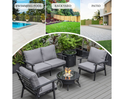 LeisureMod Walbrooke Modern Black Patio Conversation With Round Fire Pit & Tank Holder - Gray