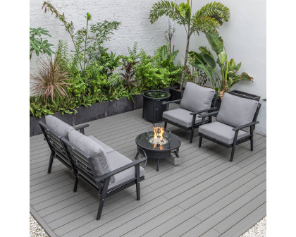 LeisureMod Walbrooke Modern Black Patio Conversation With Round Fire Pit & Tank Holder - Gray