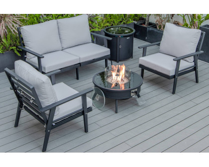 LeisureMod Walbrooke Modern Black Patio Conversation With Round Fire Pit & Tank Holder