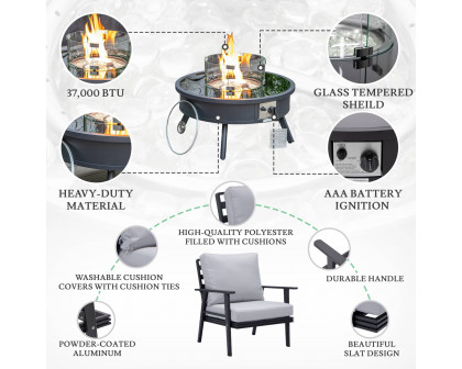 LeisureMod Walbrooke Modern Black Patio Conversation With Round Fire Pit & Tank Holder - Light Gray