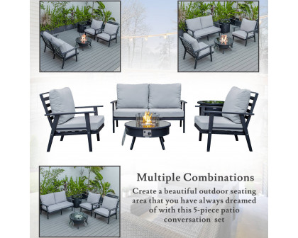 LeisureMod Walbrooke Modern Black Patio Conversation With Round Fire Pit & Tank Holder - Light Gray