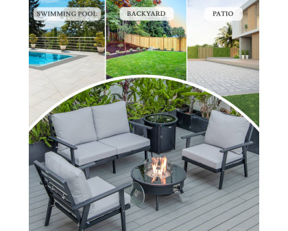 LeisureMod Walbrooke Modern Black Patio Conversation With Round Fire Pit & Tank Holder - Light Gray