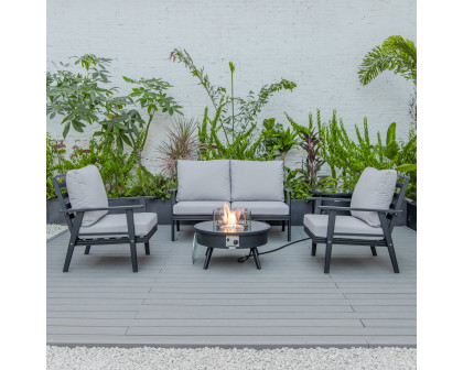 LeisureMod Walbrooke Modern Black Patio Conversation With Round Fire Pit & Tank Holder - Light Gray