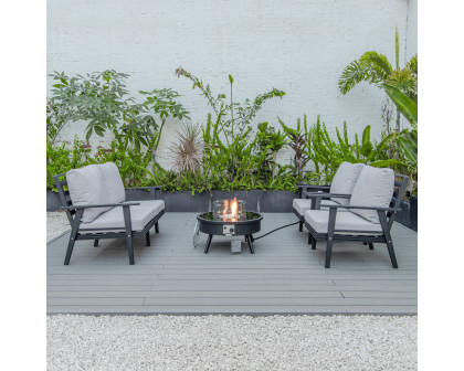 LeisureMod Walbrooke Modern Black Patio Conversation With Round Fire Pit & Tank Holder - Light Gray