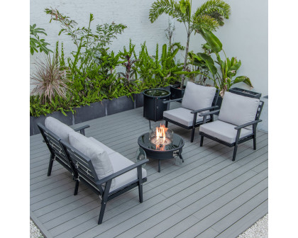 LeisureMod Walbrooke Modern Black Patio Conversation With Round Fire Pit & Tank Holder - Light Gray