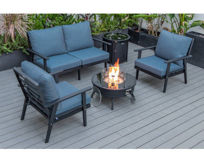 LeisureMod Walbrooke Modern Black Patio Conversation With Round Fire Pit & Tank Holder