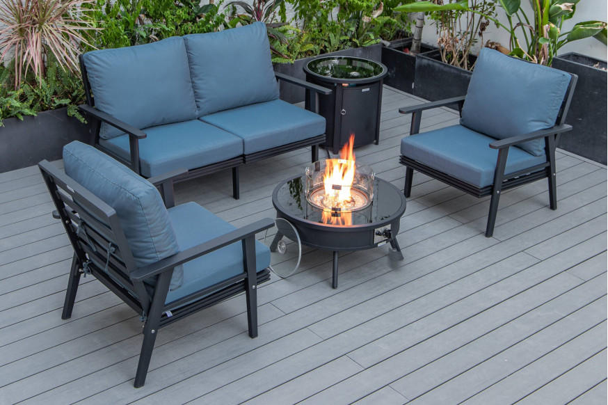 LeisureMod™ Walbrooke Modern Black Patio Conversation With Round Fire Pit & Tank Holder - Navy Blue