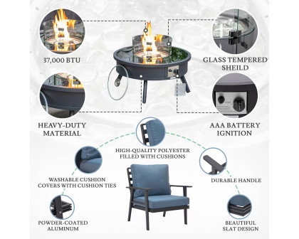 LeisureMod™ Walbrooke Modern Black Patio Conversation With Round Fire Pit & Tank Holder - Navy Blue