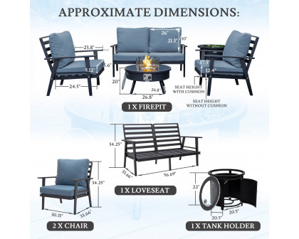 LeisureMod™ Walbrooke Modern Black Patio Conversation With Round Fire Pit & Tank Holder - Navy Blue